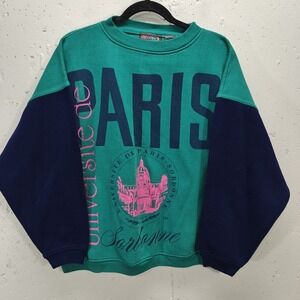 VTG 90s Paris Sport Club Worldwide Teal Navy Colorblock Sweatshirt Womens Size 3